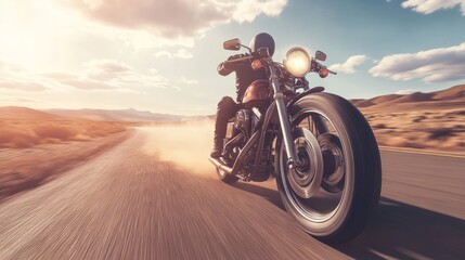 Naklejka premium A retro-styled motorcycle speeding down a desert highway, with dust trailing behind its tires
