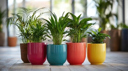 Fototapeta premium Vibrant living plants in colorful pots create an inviting atmosphere against a blurred backdrop of whitewashed wooden floorboards, offering a fresh and lively appeal.