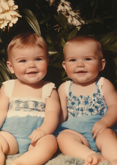 portrait of twin babies in 80s, vintage photo, old and faded	