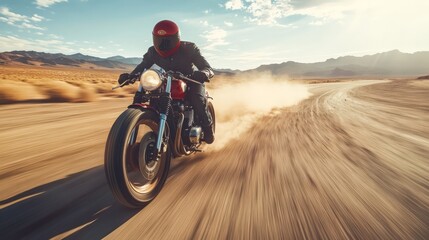 Obraz premium A retro-styled motorcycle speeding down a desert highway, with dust trailing behind its tires