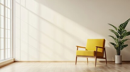 Fototapeta premium Minimalist Scandinavian living room interior with an armchair, emphasizing a clean design and simplicity, offering ample copy space for text and graphics.