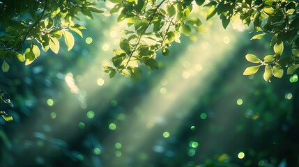 Obraz premium Beams of beautiful sunlight create a stunning background adorned with green bokeh lights, perfect for nature-themed imagery. Ample copy space enhances the natural ambiance.