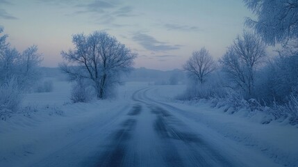 Obraz premium Snowy landscape with an empty road at dusk, the serene atmosphere of the snowy path invites tranquility and evokes a sense of calm in the peaceful surroundings. Photo style copy space.