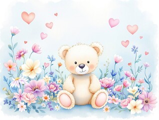 Obraz premium Cheerful watercolor pattern featuring teddy bear, flowers, and hearts in a blue color scheme, watercolor painting, heart shapes