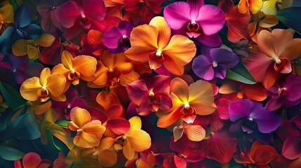 A vibrant collection of multicolored orchids highlights an array of flower types, offering a captivating visual of unique orchid beauty with ample space for text or design.