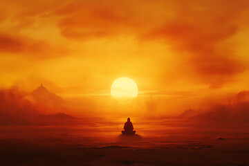 Fototapeta premium A silhouette of a person praying in a vast desert under a stunning sunset, evoking faith and solitude. Perfect for spiritual or motivational projects