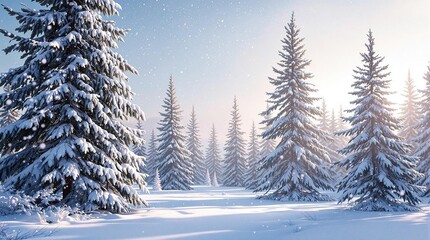 Fototapeta premium Christmas banner with snowflakes falling on fir trees, branches, holiday, snowy, winter, landscape