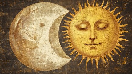 Fototapeta premium chic golden luxurious retro of the moon and sun vintage engraving style 