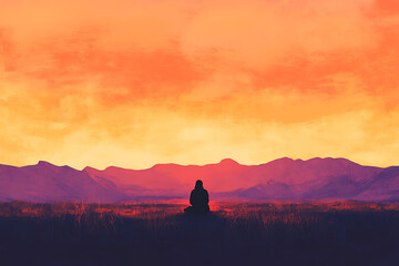 A silhouette of a person praying in a vast desert under a stunning sunset, evoking faith and solitude. Perfect for spiritual or motivational projects