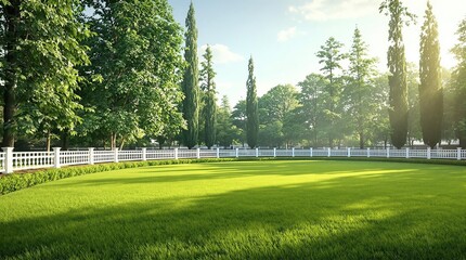 Obraz premium Classic white fencing surrounding well-maintained grass field with tall trees in the backdrop, garden decor, woodwork, scenic, boundary