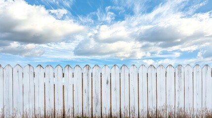 White rural wooden fence against a cloudy sky backdrop. This shabby white wooden fence enhances the rural scenery, creating a high-quality image with ample copy space.