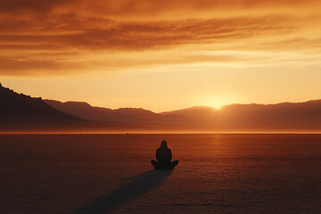 A silhouette of a person praying in a vast desert under a stunning sunset, evoking faith and solitude. Perfect for spiritual or motivational projects
