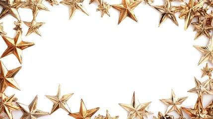 Obraz premium A decorative frame adorned with golden stars set against a white background, perfect for highlighting special moments or messages. This golden stars frame offers ideal photo style copy space.