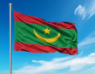 Mauritania flag waving in the wind against a blue sky background