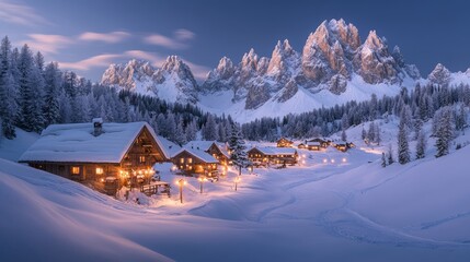 Illuminated winter village nestled in snow-covered valley, majestic mountains backdrop.