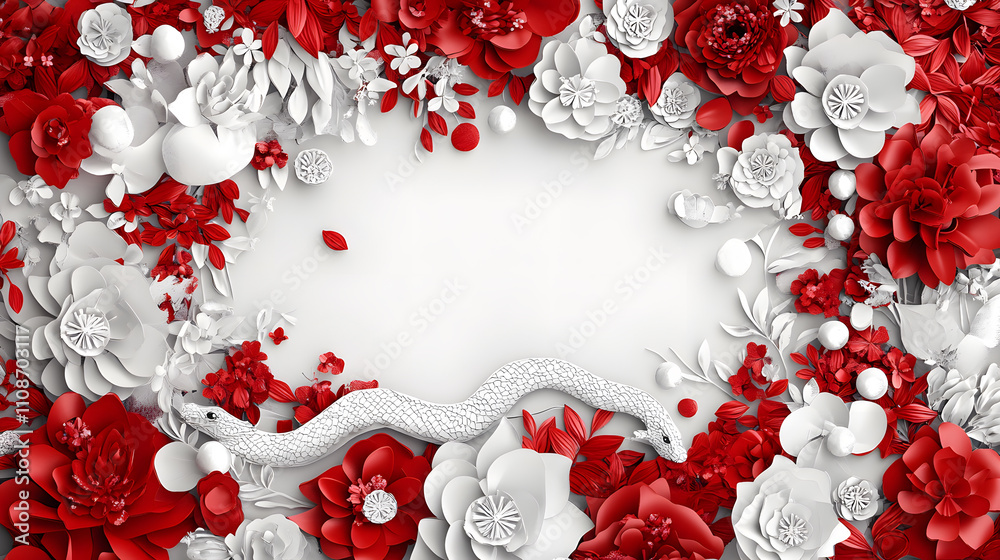 Poster a vibrant floral arrangement in red and white, featuring intricate flowers and a decorative snake, c