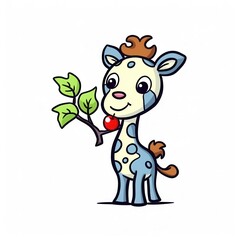 Fototapeta premium Adorable cartoon giraffe holding a branch with leaves and a red apple in its mouth, exuding a playful and cheerful vibe.