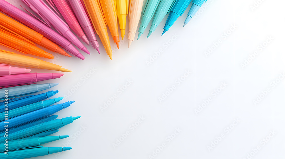 Poster A vibrant array of colored pens arranged in a semi-circle on a blank background, inviting creativity and expression