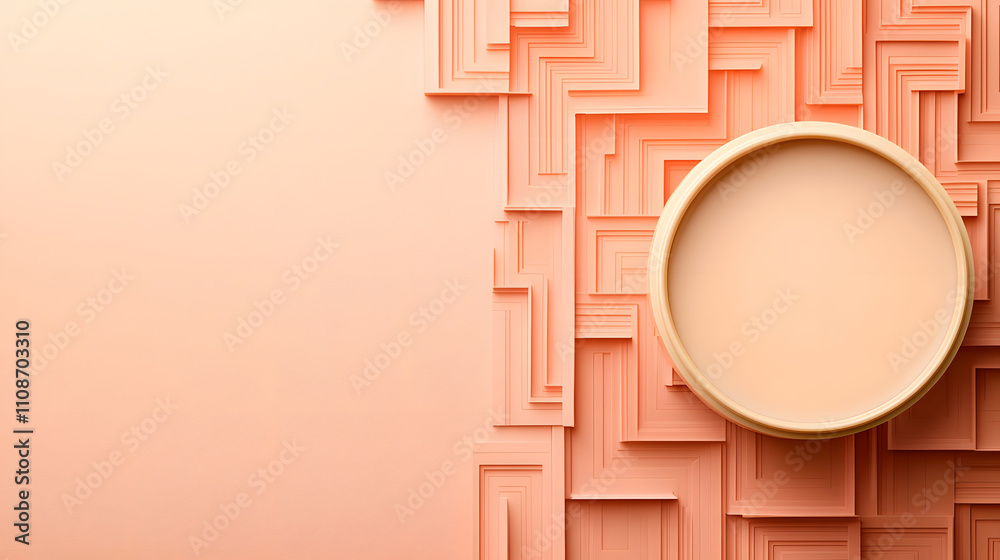 Poster a minimalist composition featuring a round tray on a textured peach background, creating a warm and 