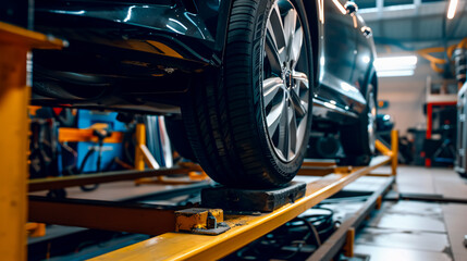 Obraz premium Car on stand with sensors: For alignment camber check in a workshop at a service station.