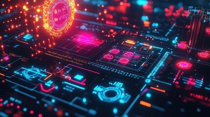 Fototapeta premium Abstract digital interface with glowing neon elements and data streams.