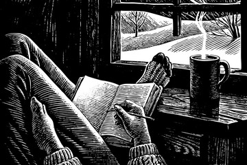 Fototapeta premium Cozy Reading Nook with Book and Coffee by Window