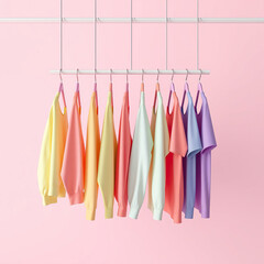 clothes on colorful hangers in pastel rainbow hues,  soft colors,  decorative items,  colorful clothes,  bright hues,  summer clothes