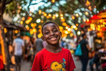 Naklejka premium Joyful child smiling brightly amidst vibrant street market lights