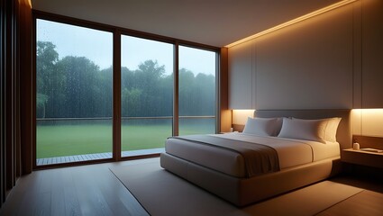 Obraz premium This stunning 8K image captures a serene, contemporary bedroom with a wide window showcasing a gentle rainstorm outside. The room is softly illuminated by warm.