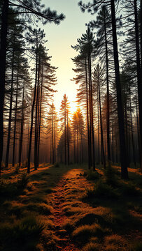 Forest landscape with golden light at dusk in Apatity, Murmansk Region, Russia,  nature scenery,  trees,  forest landscape