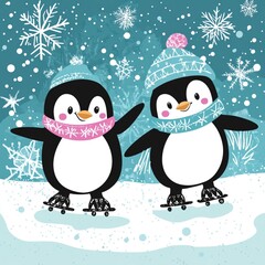 Fototapeta premium Adorable Ice-Skating Penguins Winter Card