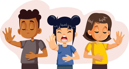 Fototapeta premium Sad Kids Suffering from a Tummy Ache Vector Cartoon Illustration. School children having an infectious disease with abdominal pain symptoms