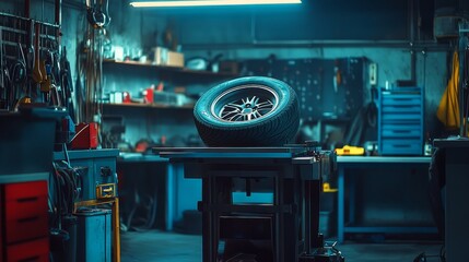 An image of a tire balancing machine in an auto repair shop, with a tire being adjusted on the equipment 