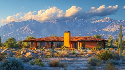 Corner lot featuring mid-century modern home with geometric architecture, desert landscaping, and mountain backdrop