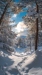 Obraz premium Winter Forest with Snow-Covered Mountains and Blue Sky