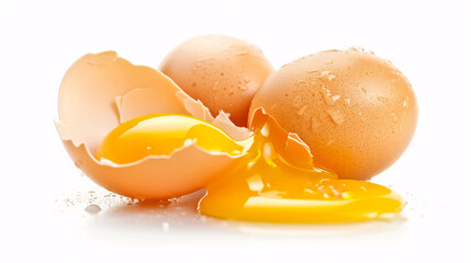 Chicken Eggs and Broken Egg: Chicken eggs and half-broken egg with yolk isolated on a white background, emphasizing the basic cooking ingredient.
