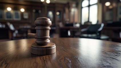 Gavel on Wooden Table in a Courtroom Setting: Justice, Law and Order