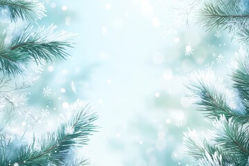 Obraz premium Winter Blurred Background with Frosted Pine Branches
