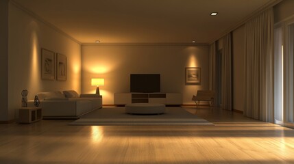 A modern living room rendered in 3D with simple furniture, light wood flooring, and a calming minimalist design