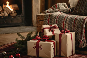 Cozy Christmas setting with wrapped gifts, red ribbons, and warm fireplace. atmosphere is inviting and festive, perfect for holiday celebrations
