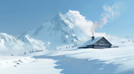 A snowy mountain landscape with a small cabin in the distance, smoke rising from its chimney under a clear blue sky.