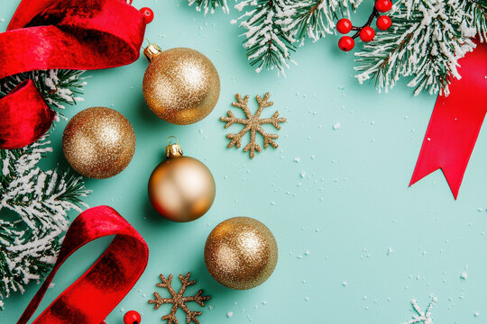Festive Christmas decoration with sparkling gold baubles, red ribbon, and snowflakes on mint green background, creating joyful holiday atmosphere - Powered by Adobe