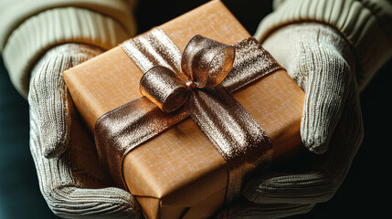 Fototapeta premium A person is holding a brown box with a gold ribbon tied around it. The box is wrapped in a brown paper and has a gold bow on it. The person is wearing gloves