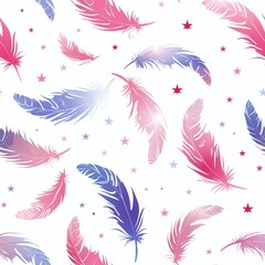 Vibrant feathers in pink and blue hues scattered with small stars on a white background.