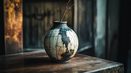 Cracked Ceramic Vase With Branch On Wooden Table