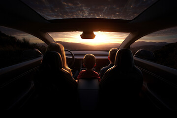 Fototapeta premium Family Bonding in Electric Car Watching Sunset over Mountains with Children Experience Togetherness