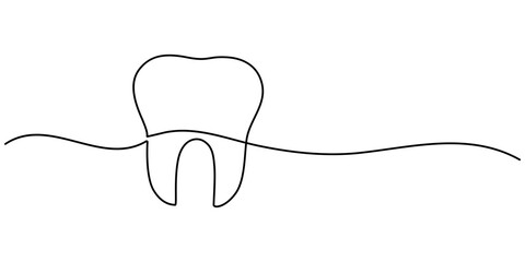 Fototapeta premium Vector continuous one simple single abstract line drawing of tooth dental clinic and care concept, Continuous Line Drawing of Dental Health Icon. Hand Drawn Symbol Vector Illustration, Single pro. 