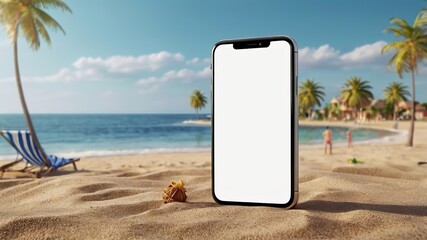 Smartphone mockup with blank white screen with copy space, summer beach background. 3D.Concept of sales, holidays, applications, advertising, web, online. 8k Resolution