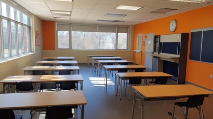 Bright classroom with desks, chairs, and large windows.