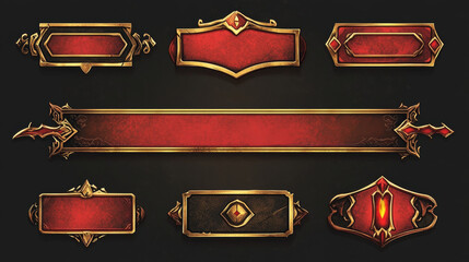 Red ui button frame for fantasy game banner vector. Medieval title bar element set. Play interface with metal border for rpg or casino app. Decorative ornate glossy menu panel or badge collection